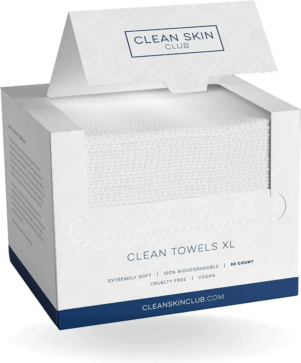 Clean Skin Club Clean Towels XL packaging, featuring 100% biodegradable, ultra-soft, cruelty-free face towels.