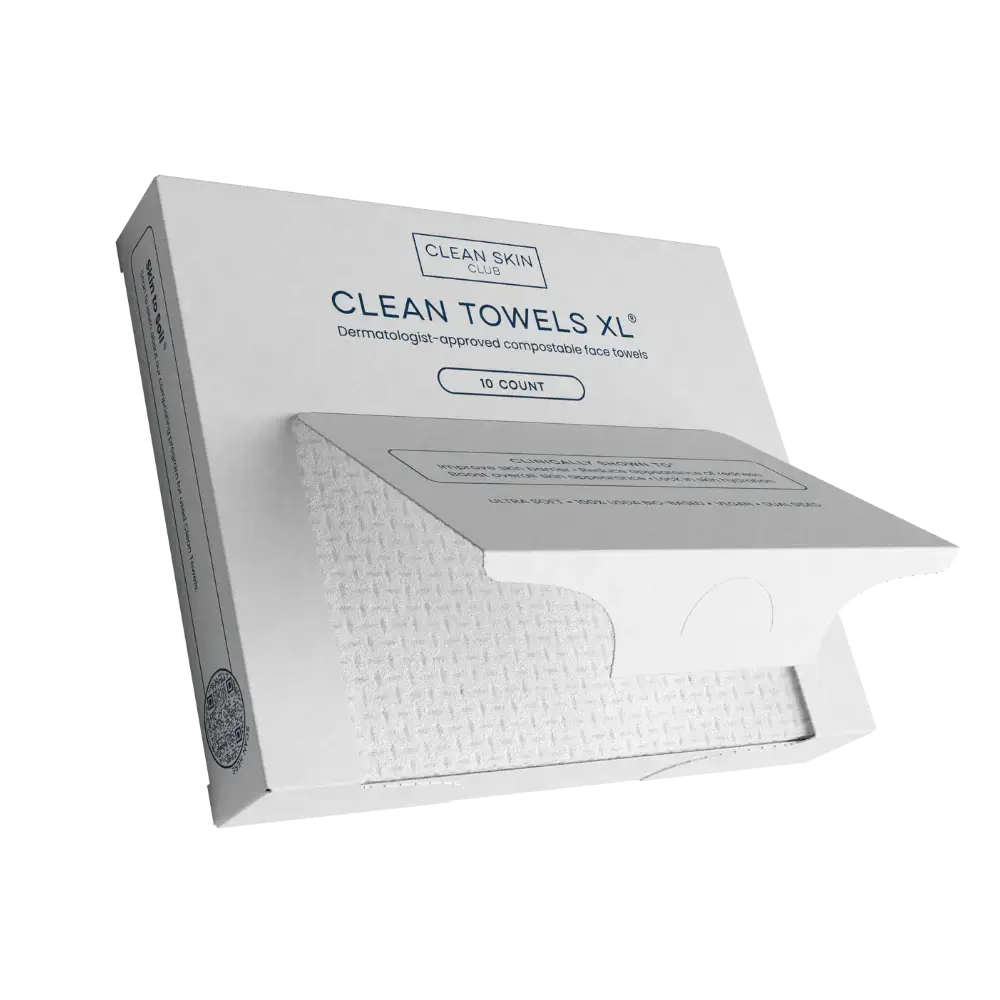 Clean Skin Club Clean Towels XL packaging with 10 dermatologist-approved disposable face towels.