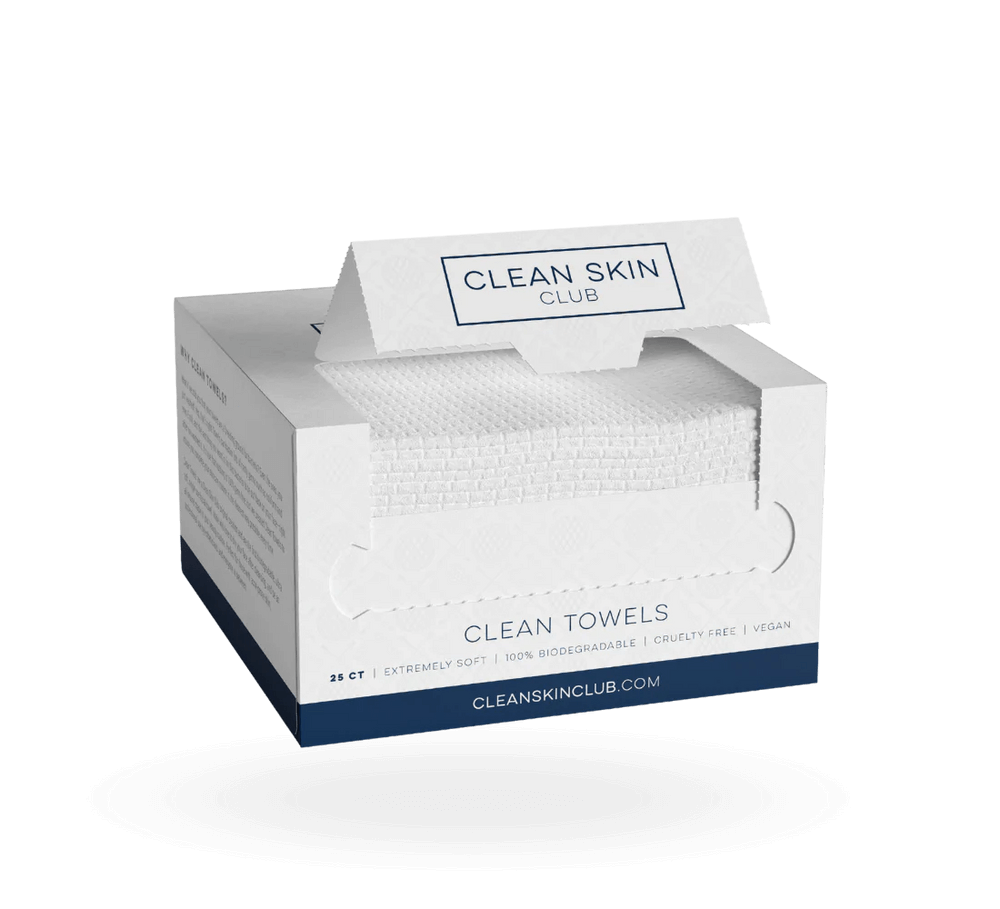 Clean Skin Club Clean Towels 25 CT box, ultra soft, biodegradable, cruelty-free and vegan facial towels.