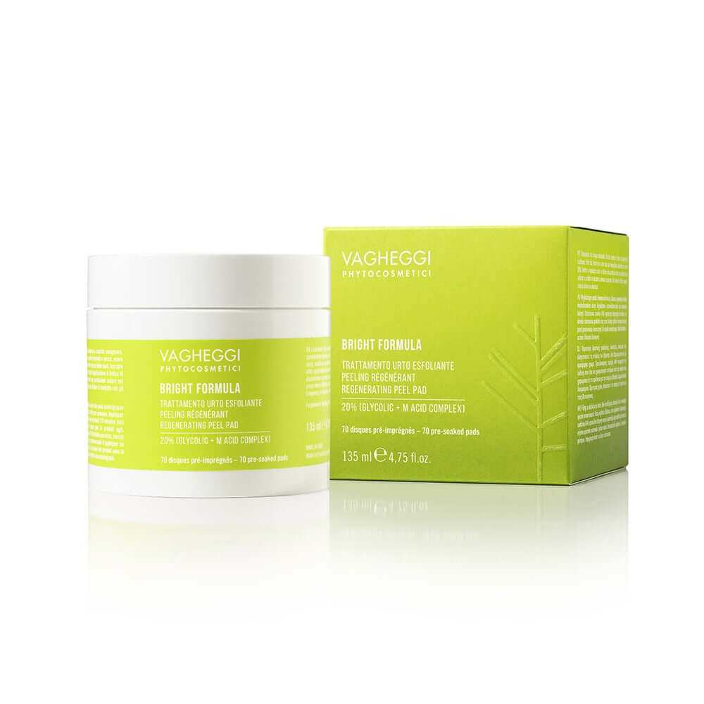 Vagheggi Bright Formula regenerative peeling treatment, 135ml jar and packaging, for a smooth, glowing complexion.